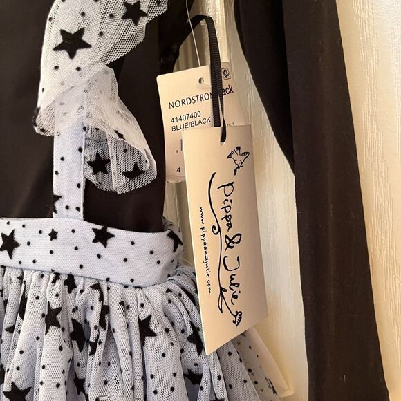 Pippa & Julie Blue Flocked Black Stars Mesh Jumper Dress 2-Pc Girls Size 4 NWT - Picture 8 of 12